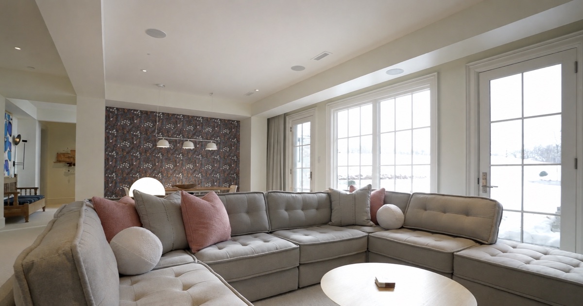 A living room with a sectional sofa and three flush in-ceiling speakers, with snow visible through the windows.