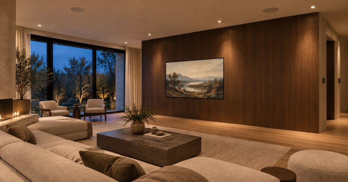 A living room with a framed television displaying a painting above a wood console, a small keypad matched to the wall finish beside it, and two round ceiling speakers aligned with the recessed lights.
