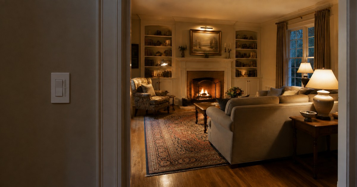 A white paddle dimmer on a dark wall beside a doorway, with a warmly lit living room beyond it: a lit fireplace, table lamps and a picture light over a painting.