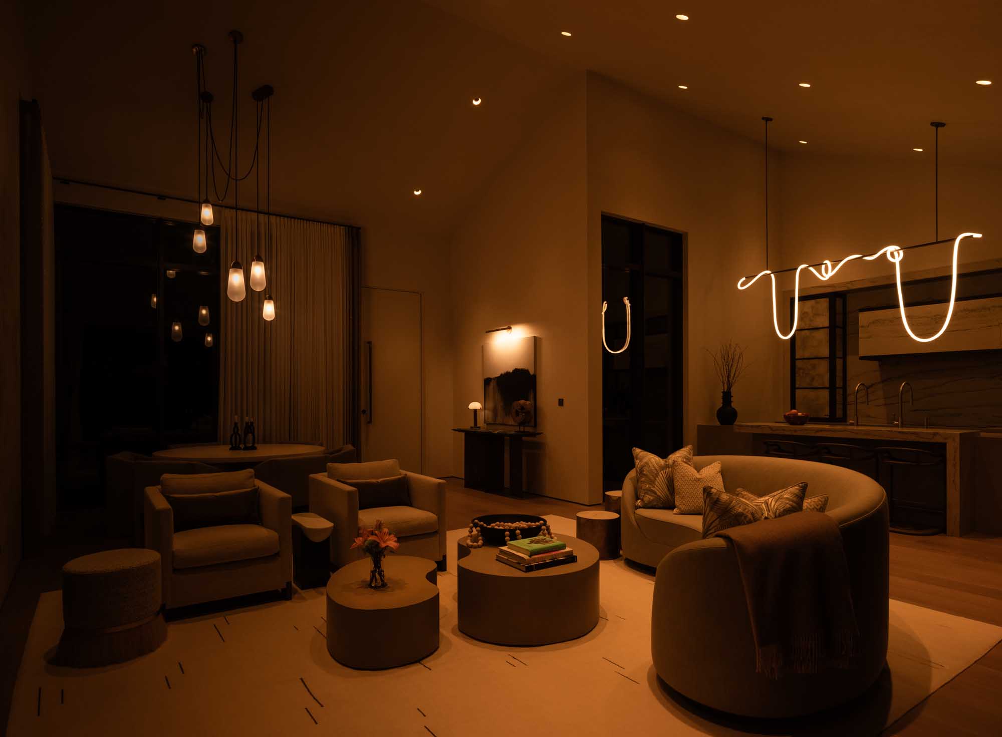 Living room at night with dimmed lights and soft ambient glow