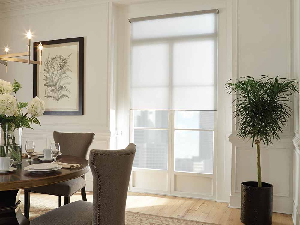 Dining room with sheer roller shade filtering daylight