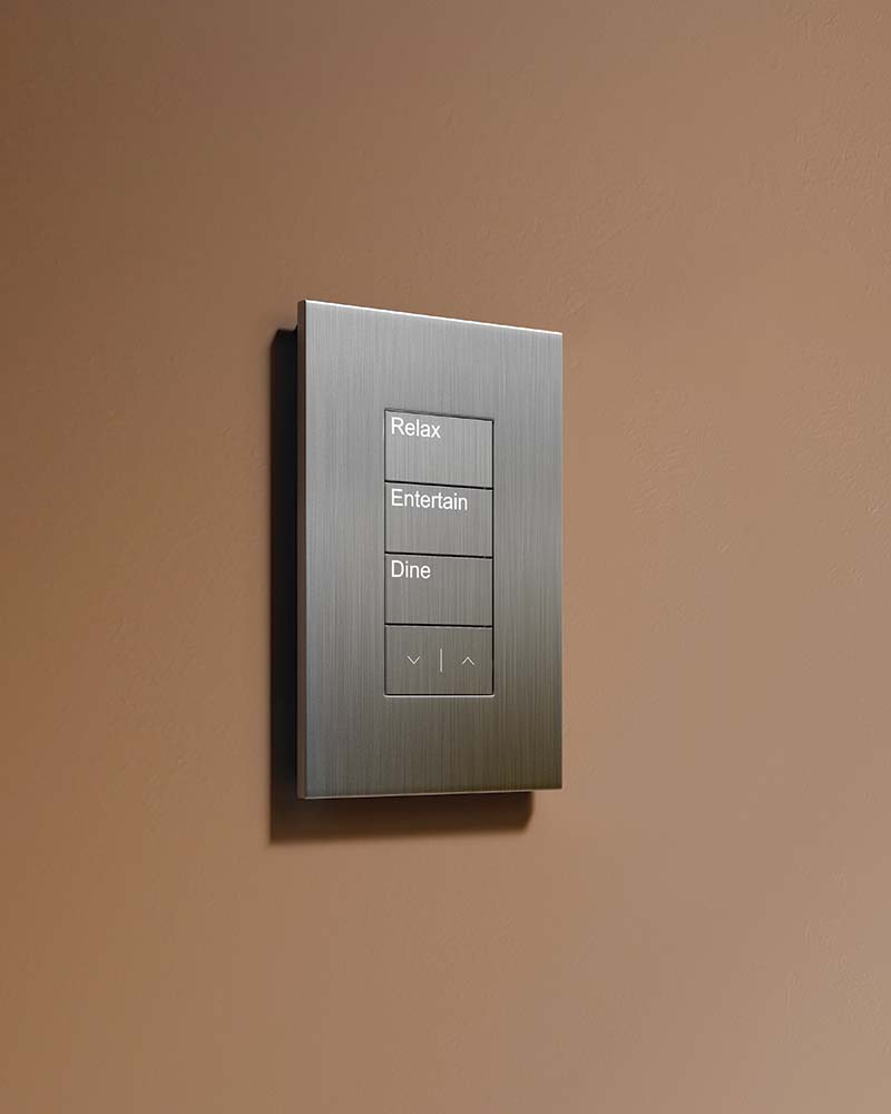 Metallic wall keypad with labeled scene buttons
