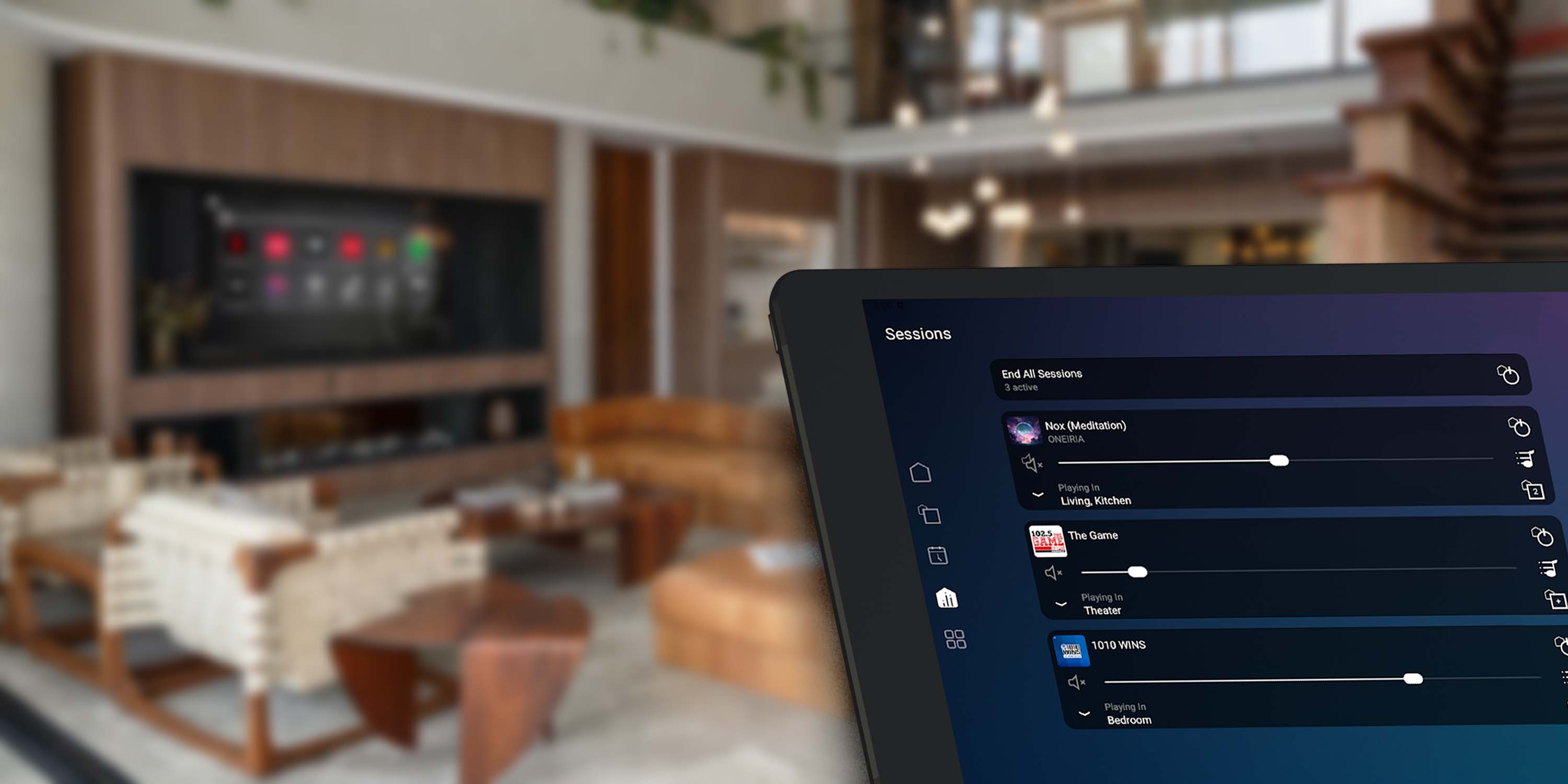 Control4 touch panel overlay on image of living room
