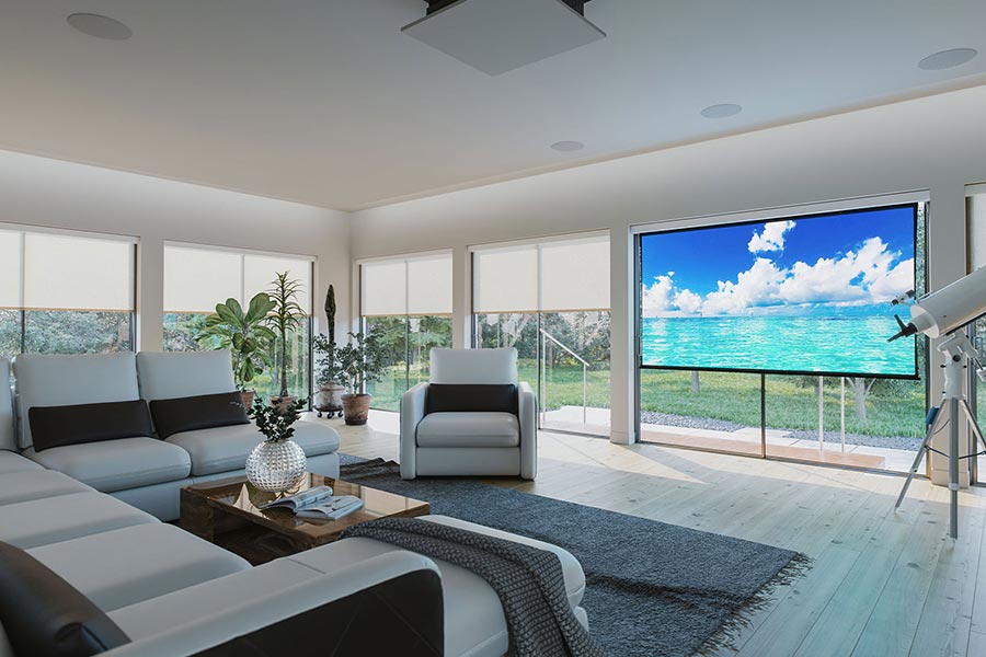 Contemporary home theater with large screen and motorized window shades