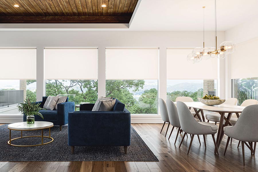 Open living and dining area with modern furniture and tall windows with shades