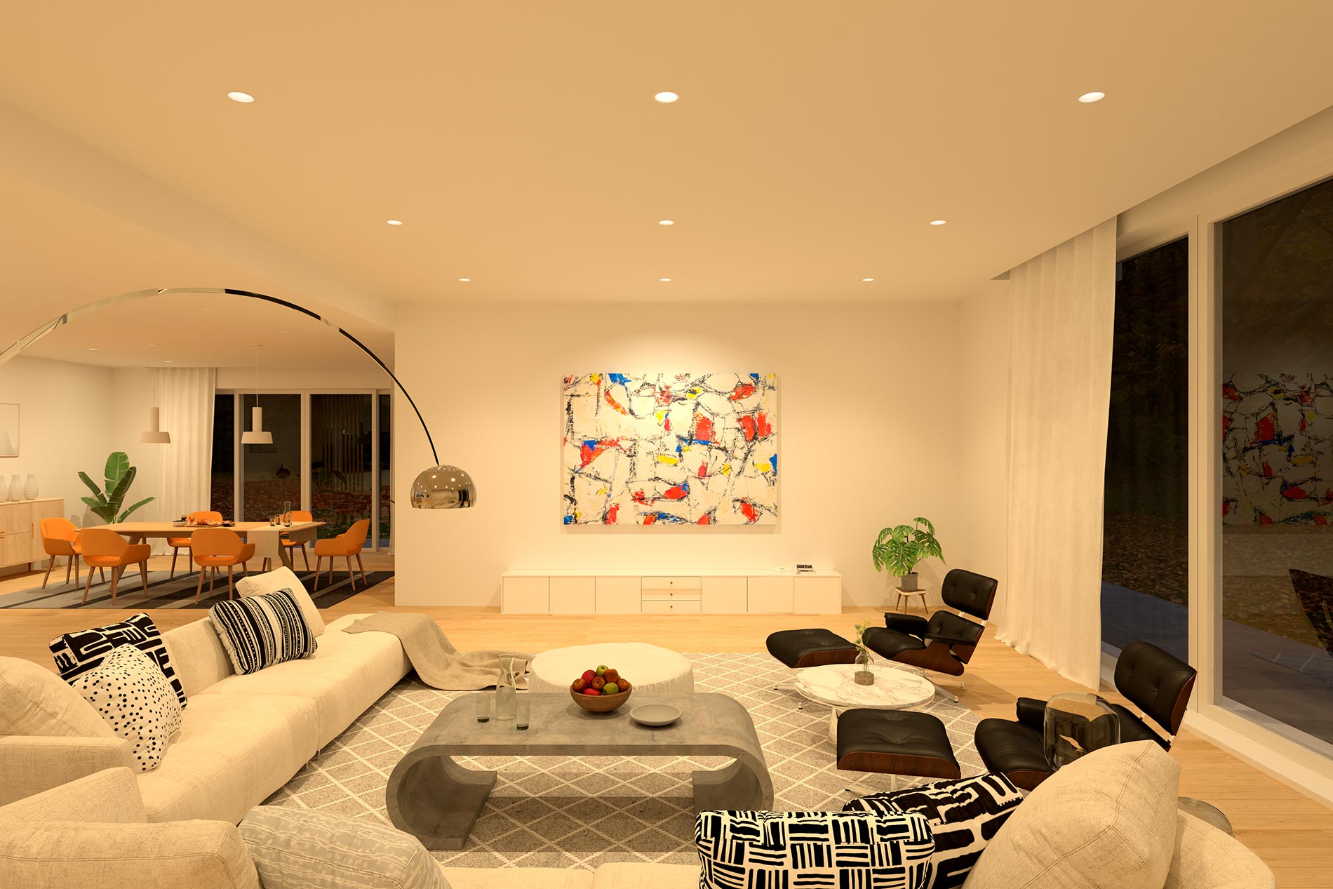 Bright open living and dining room with modern furniture and ceiling lights