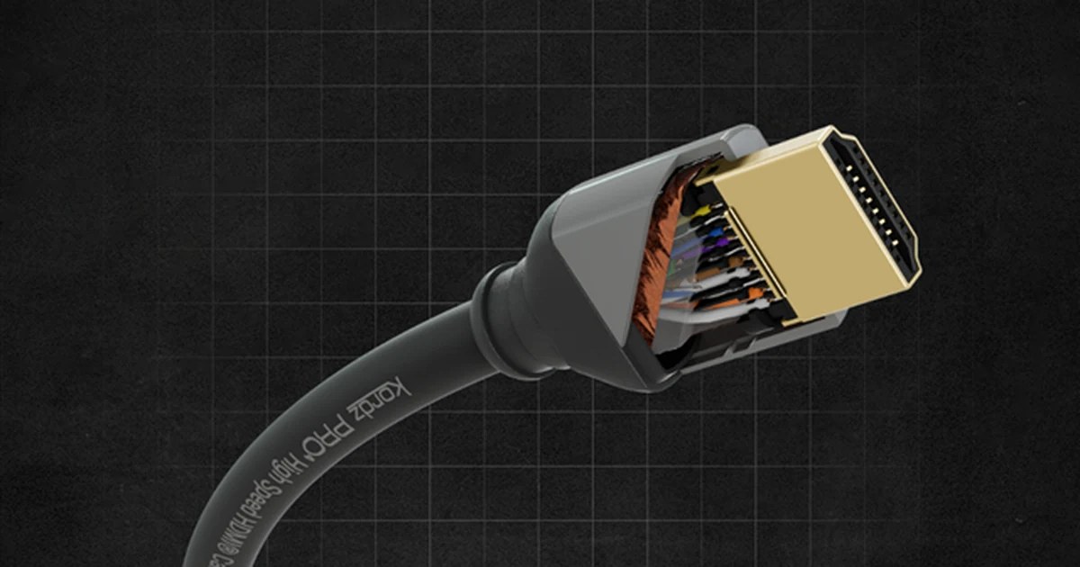 Cutaway view of a Kordz HDMI cable connector showing the internal wiring and shielding