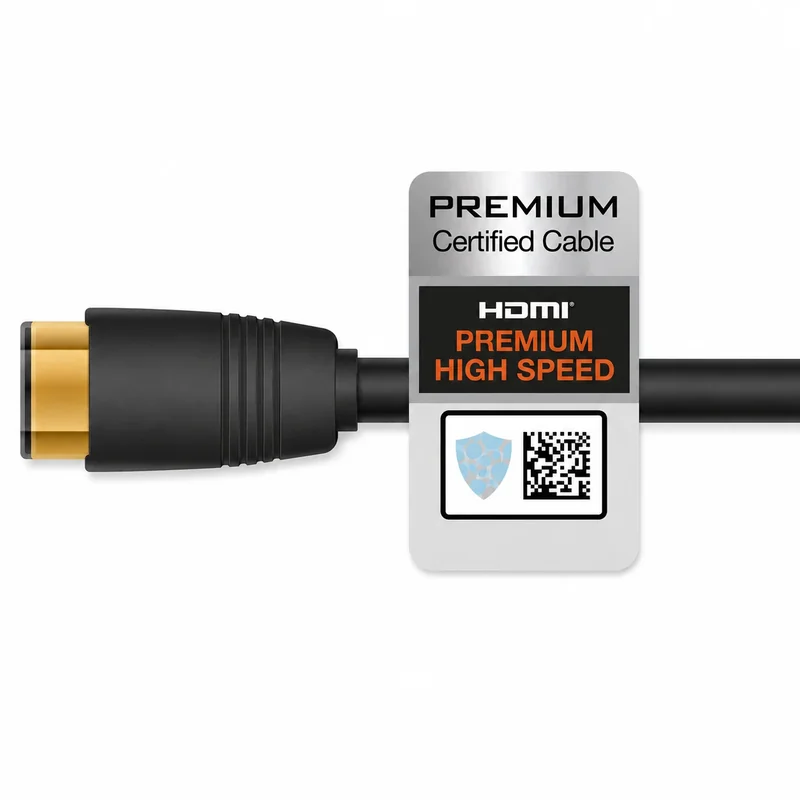 Premium High Speed HDMI certified cable with verification label and QR code