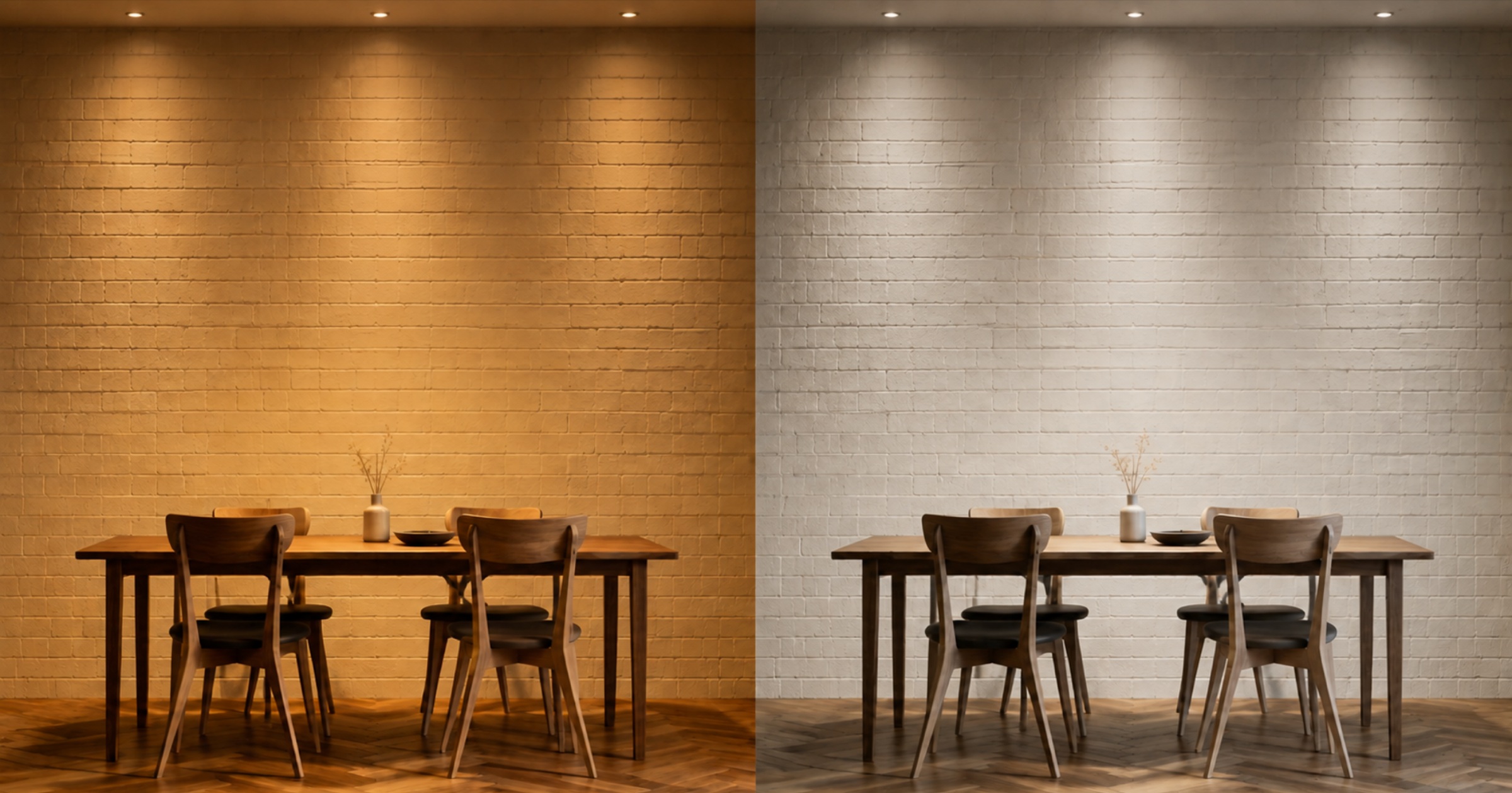 The same dining room shown twice side by side, lit by warm light on the left and cooler white light on the right, with the brick wall, wood table and floor reading differently in each half.