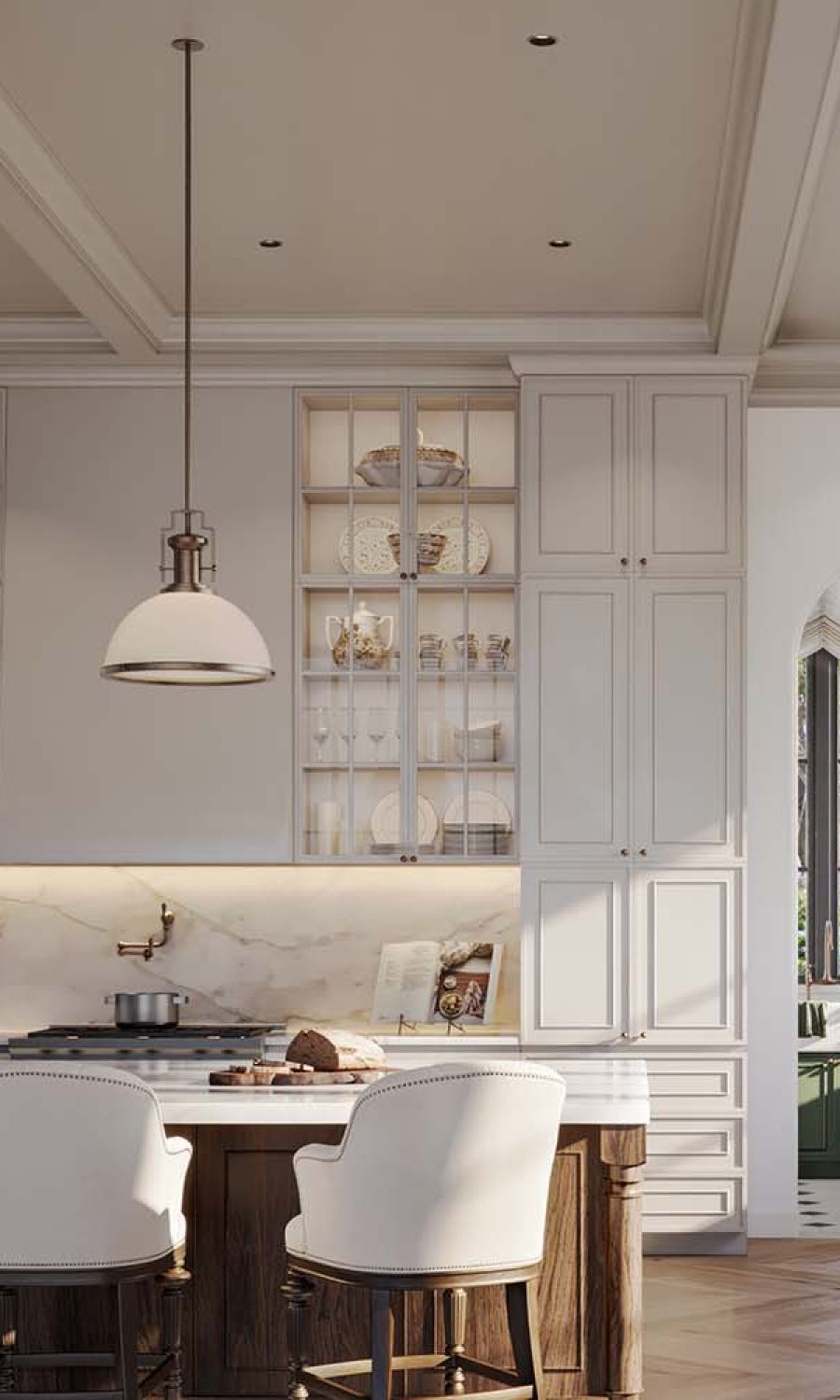 Bright kitchen with pendant lights and undercabinet lighting highlighting marble backsplash