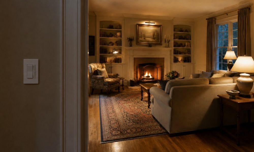 <span class="uk-h4">A white paddle dimmer on a dark wall beside a doorway, with a warmly lit living room beyond it: a lit fireplace, table lamps and a picture light over a painting.</span>