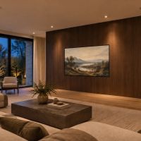 A living room with a framed television displaying a painting above a wood console, a small keypad matched to the wall finish beside it, and two round ceiling speakers aligned with the recessed lights.