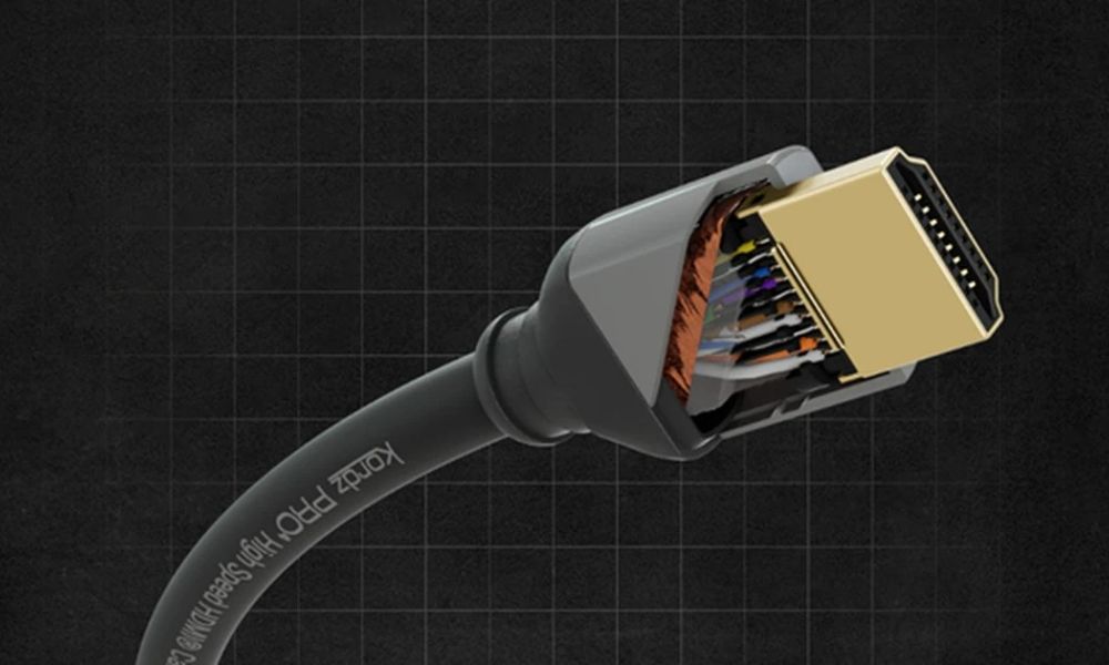 <span class="uk-h4">Cutaway view of a Kordz HDMI cable connector showing the internal wiring and shielding</span>