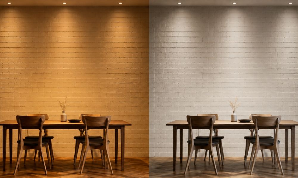 <span class="uk-h4">The same dining room shown twice side by side, lit by warm light on the left and cooler white light on the right, with the brick wall, wood table and floor reading differently in each half.</span>