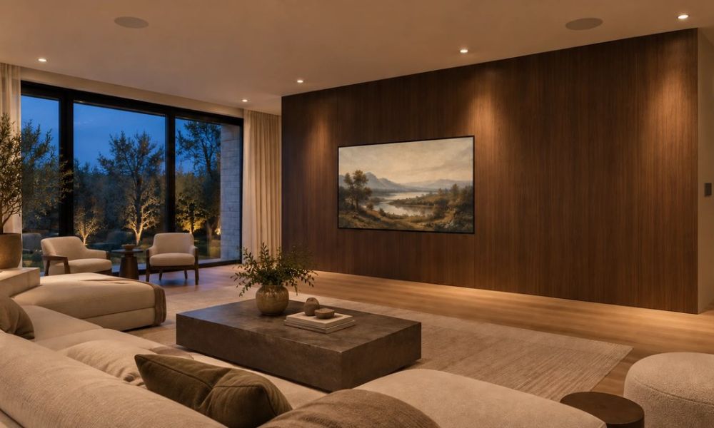 <span class="uk-h4">A living room with a framed television displaying a painting above a wood console, a small keypad matched to the wall finish beside it, and two round ceiling speakers aligned with the recessed lights.</span>